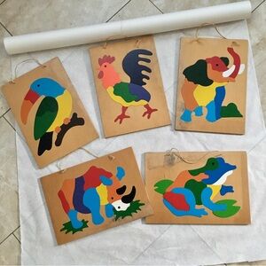 LP Vintage 80s Set of 5 Colorful Inset Saw Scroll Wood Animal Puzzles Wall Decor